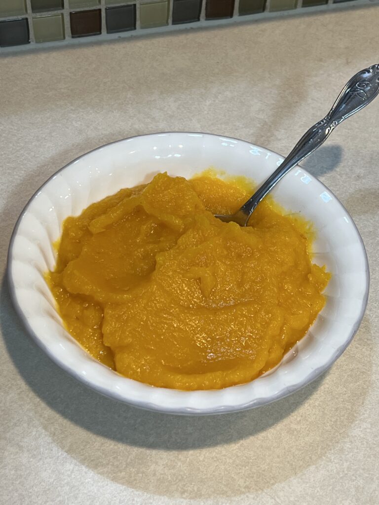 Homemade pumpkin puree in a white bowl sitting on the counter. 